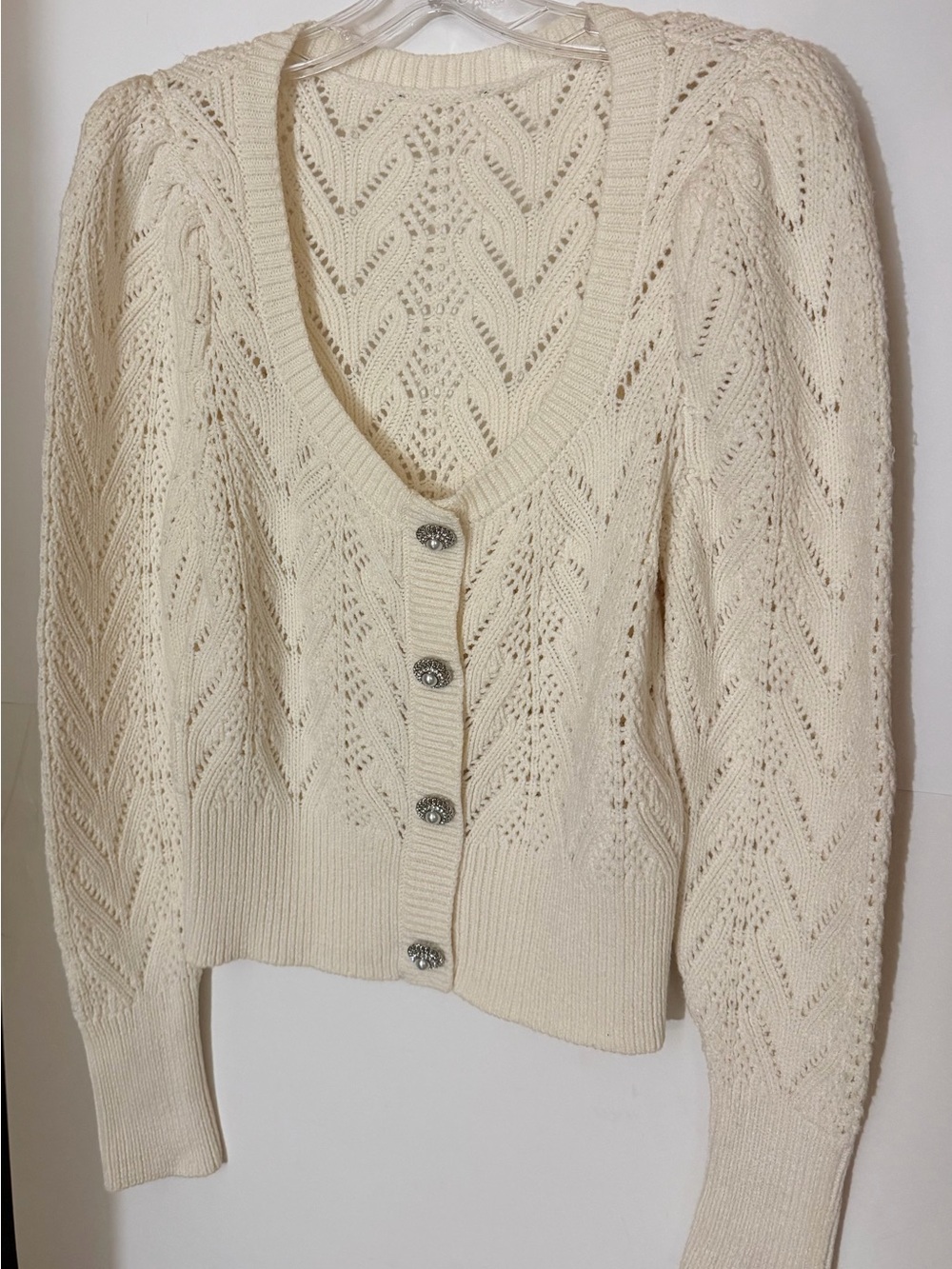 Express Cream Open-Knit V-Neck Cardigan with Decorative Buttons